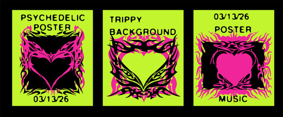 Aufkleber - Neon vector posters in modern psychedelic style, featuring tribal heart shapes, vivid pink and yellow-green colors, and bold typography. Reflects trends in edgy, eye-catching graphic design.