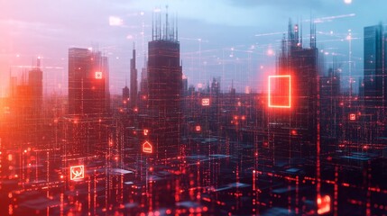 Wall Mural - abstract digital world map hologram on city skyline background.