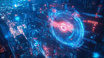 Wall Mural - abstract digital world map hologram on city skyline background.