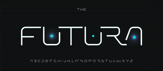 Poster - Robotic techno alphabet, sleek scifi geometric font with neon dots, minimal digital letters for cyberpunk logo and headline, modern space-age and science tech typography. Vector typeset