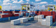 © Grispb - Vibrant seaport with stacked red, blue, and white cargo containers and gantry cranes operating under a bright blue sky, facilitating import-export logistics. – Shipping, Freight, Logistics