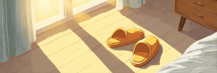 Leinwandbilder - Morning Sunlight Streams Into a Cozy Bedroom With Slippers Resting on the Warm Wooden Floor