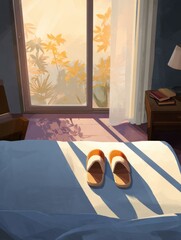 Fototapete - Morning Light Fills a Cozy Bedroom With Slippers Resting on a Bed, Inviting a Relaxed Start to the Day in a Warm Atmosphere