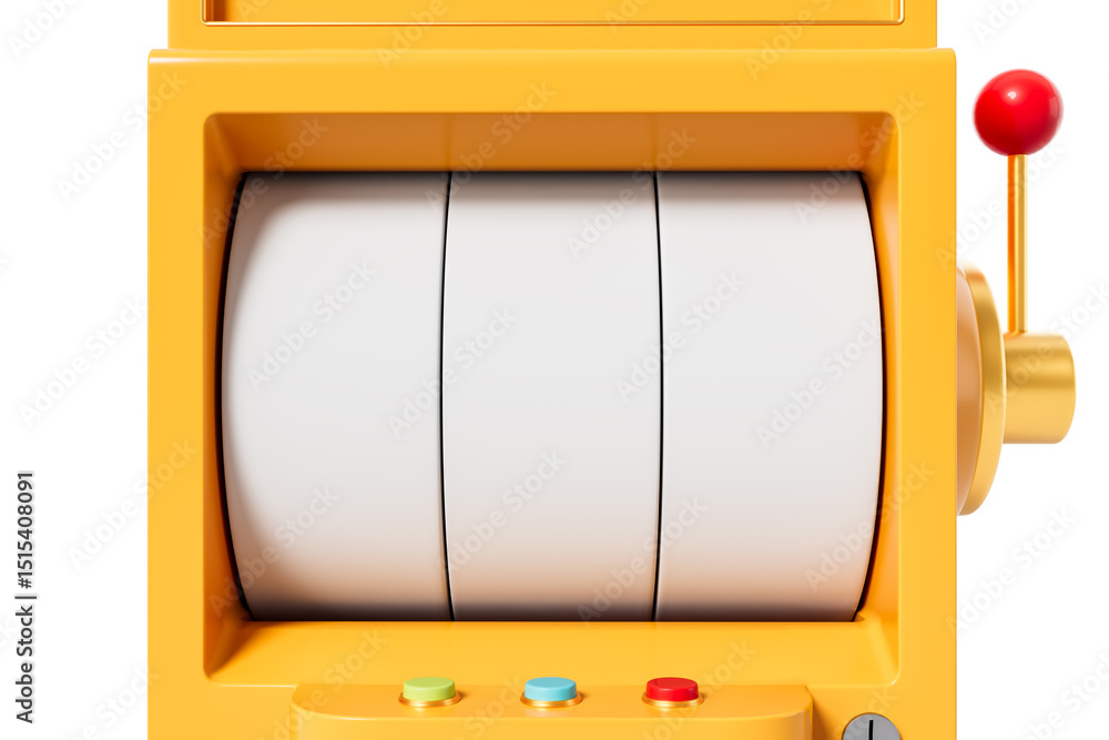 Slot machine front view with empty spinning reels and colorful buttons ...