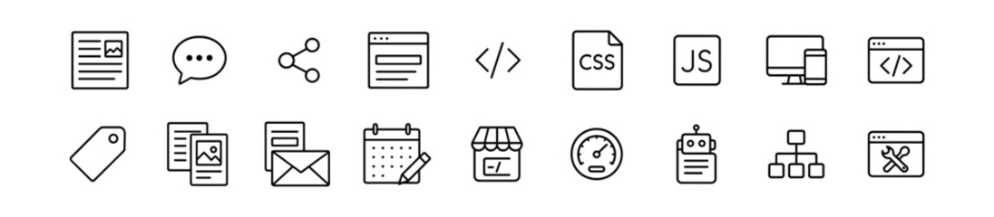 Web development & tech linear icon set - code, programming, and internet symbols