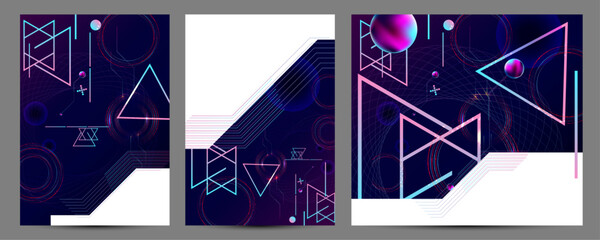 Wall Mural - Set of banner style of cosmos universe stars galaxy dark blue 3d futuristic background modern planets neon