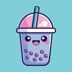 Poster - Cute and colorful bubble tea design featuring smiling face and joyful elements, ideal for branding and promotional materials in food and beverage industry