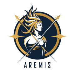 Aufkleber - Vector illustration of a powerful warrior woman logo design featuring golden accents and sharp spear points for a modern brand identity