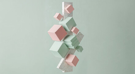 Aufkleber - Pink and green geometric shapes balancing on terrazzo slabs creating a modern abstract composition