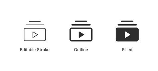 Leinwandbilder - Video playlist icon. Set of minimalist video play icons in editable stroke, outline, and filled styles. Perfect for UI/UX design, apps, websites and multimedia projects