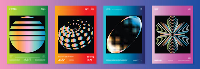 Aufkleber - Modern gradient poster background vector set. Cover template with vibrant perspective geometric prism shapes, dot halftone, line. Ideal design for social media, cover, banner, flyer. 