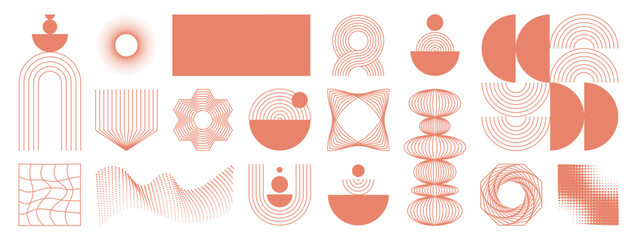 Aufkleber - Abstract minimal element mid century vector set. Aesthetic contemporary stripe line art, geometric shape in orange. Art form design for wall art, decoration, wallpaper.
