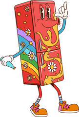 Poster - Cartoon groovy refrigerator, home furniture character. Retro fridge or freezer kitchen appliance funny funky personage with rainbow and daisy flowers print. Home kitchen furniture groovy character