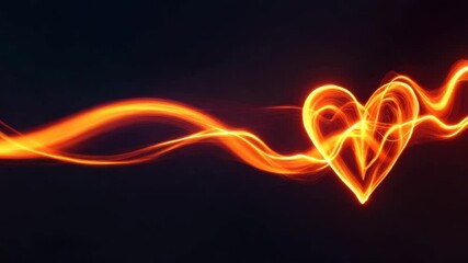 Wall Mural - glowing orange light trails form heart shape on dark background with flowing lines, vibrant energy, 