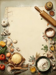 Aufkleber - Baking Setup With Dough, Rolling Pin, and Various Fresh Ingredients Arranged for Preparing a Delicious Homemade Recipe