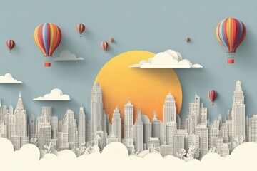Aufkleber - Colorful Hot Air Balloons Rise Above a Vibrant City Skyline During a Beautiful Sunrise