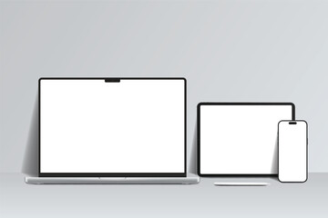 Canvas Print - 3d laptop, tablet and smartphone digital device mockup with blank screen isolated on background. tec