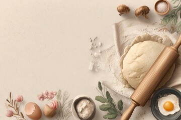 Poster - Baking Setup With Dough, Rolling Pin, and Fresh Ingredients on a Light Background for a Home Kitchen Experience