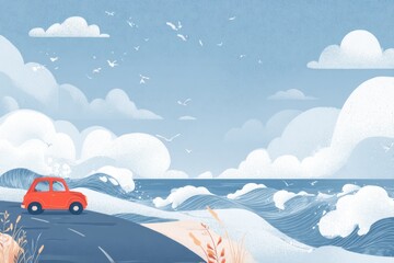Aufkleber - Coastal Drive Along the Waves With a Car and Seagulls in a Soft Summer Sky