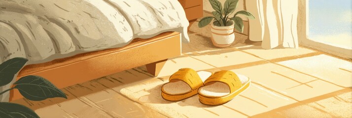 Poster - Bright Morning in a Peaceful Bedroom With Slippers and Sunlight Streaming Through the Curtains