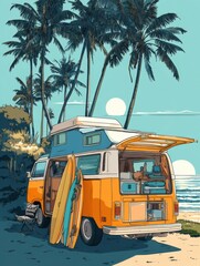 Poster - Camper Van Parked at the Beach Opens to Reveal Surfboards and Summer Vibes With Palm Trees and Ocean Waves in the Background