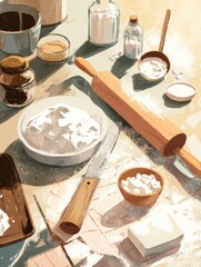 Aufkleber - Artistic Kitchen Setup With Flour, Rolling Pin, and Baking Tools on a Bright Surface for Culinary Endeavors