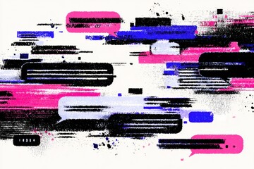 Aufkleber - Glitching Chatbot Illustration With Distorted Speech Bubbles in a Vibrant, Colorful Layout Reflecting Communication Issues