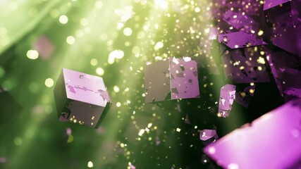 Abstract Cubes with Purple and Green Hues and Glowing Particles in a Three Dimensional Digital Render