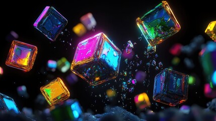 Poster - Bright energy beams connecting glowing cubes in a digital abstract space