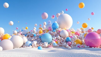 Poster - Abstract 3D scene of pastel-colored spheres floating in soft harmony on gradient background