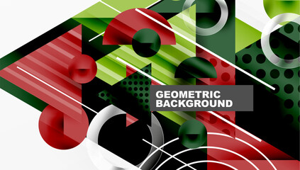 Fototapete - Abstract geometric design. Overlapping shapes, lines create dynamic composition. Red, green, white dominate visual space. Modern aesthetic.