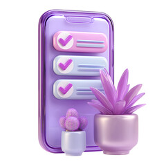 Aufkleber - A vibrant 3D rendered mobile app icon featuring a purple and pink crystal inspired design with a checklist chat bubble and plant symbolizing productivity and effective task management
