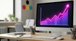 © Ulul Albab LM Putra - A computer displays a rising graph with a neon arrow on a desk with stationery and a laptop in the background, indicating business growth.