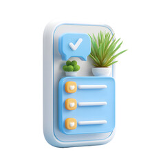 Aufkleber - A clean and modern 3D checklist app icon featuring a task list chat bubble and plant element to represent productivity and task management tools