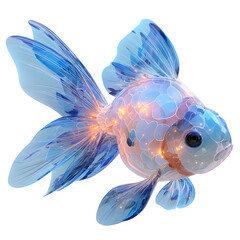 Leinwandbilder - A vibrant translucent goldfish with delicate fins and an iridescent glowing body gracefully swimming in a serene dreamy underwater setting filled with soft lighting and ethereal bubble effects