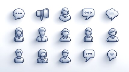Leinwandbilder - A collection of clean minimalist icons representing different forms of communication including people speaking interacting through speech bubbles and utilizing various collaborative methods