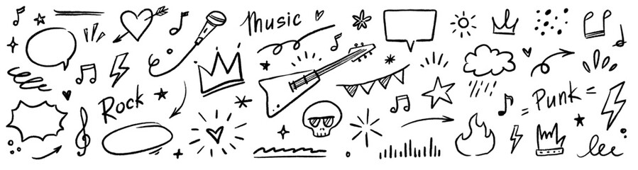 Poster - Music star doodle icon punk rock set. Hand drawn music sketch guitar, microphone, skull. Fun graffiti star shape doodle arrow, crown, speech bubble grunge decoration elements. Vector illustration