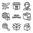 © AI Art Factory - A set of doodle line icons illustrating dropshipping, global shipping, online store, delivery tracking, packaging, and support service