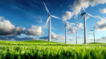Aufkleber - Row of wind turbines stands tall on lush green field under vibrant blue sky with scattered clouds, capturing essence of renewable energy and sustainability