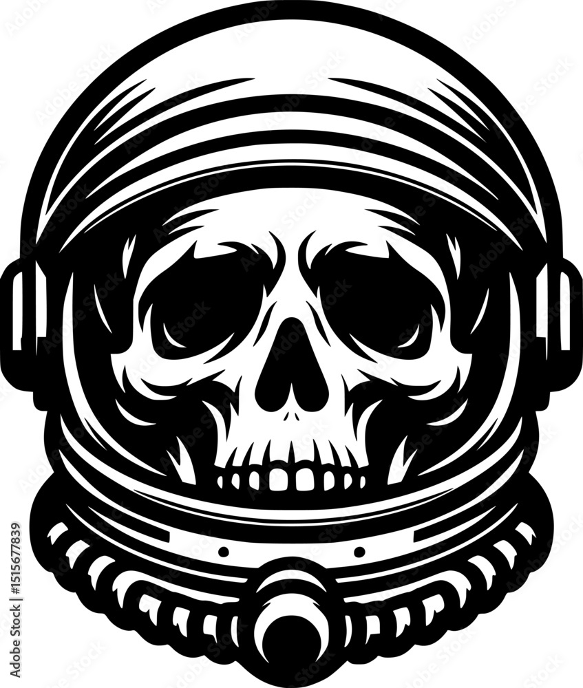 Sketchy cosmic emblem of human skull wearing astronaut pressurized ...