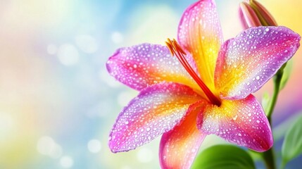 Poster - A bright, colorful flower with droplets of water on its petals, set against a blurred garden background, creating a fresh and serene scene