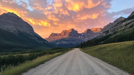 Aufkleber - A captivating image of a colorful sunset illuminating a mountain road, with shadows cast by the peaks, creating a dramatic and serene travel scene.