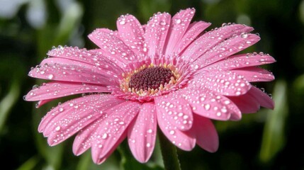Poster - A close-up shot of a pink flower with clear water droplets on its petals, captured with soft lighting, giving the petals a fresh, dewy look
