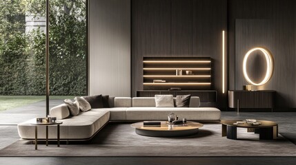 Aufkleber - A contemporary living room with a large sectional sofa facing a modern entertainment unit, decorated with stylish accents and ambient lighting.