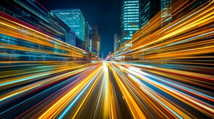 Poster - A futuristic cityscape with streaking lights and glowing lines stretching across buildings, symbolizing high-speed light travel within an advanced urban setting