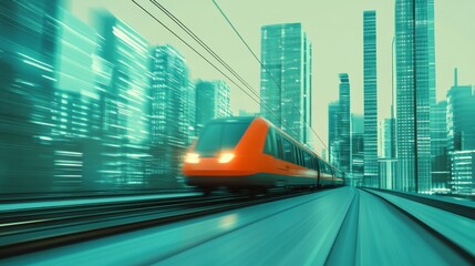 Aufkleber - A high-speed train zooming through a modern cityscape, with tall buildings and glass skyscrapers reflecting in the windows of the train