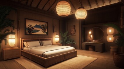 Aufkleber - A Japanese bedroom with bamboo accents, low wooden furniture, and natural woven mats, softly lit by warm ambient lighting from paper lanterns