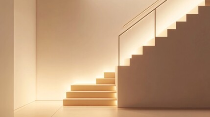 Aufkleber - A modern minimalist staircase with sharp, geometric lines, light wood steps, and a metal railing, set against a neutral background with soft lighting