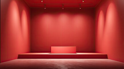 Wall Mural - minimalist red room with a low platform and three spotlights illuminating a blank wall