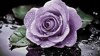 Aufkleber - A single lavender rose with delicate water droplets on its petals, set on a reflective black surface for a luxurious and artistic feel